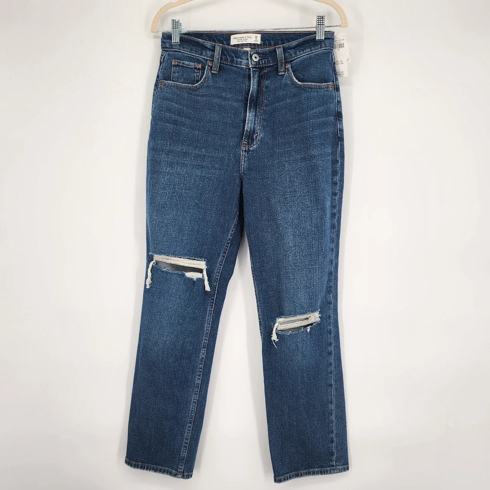 A&F NWT Curve Love Ankle Straight Jeans Size 6R Retro Grunge Casual Blue Comfort